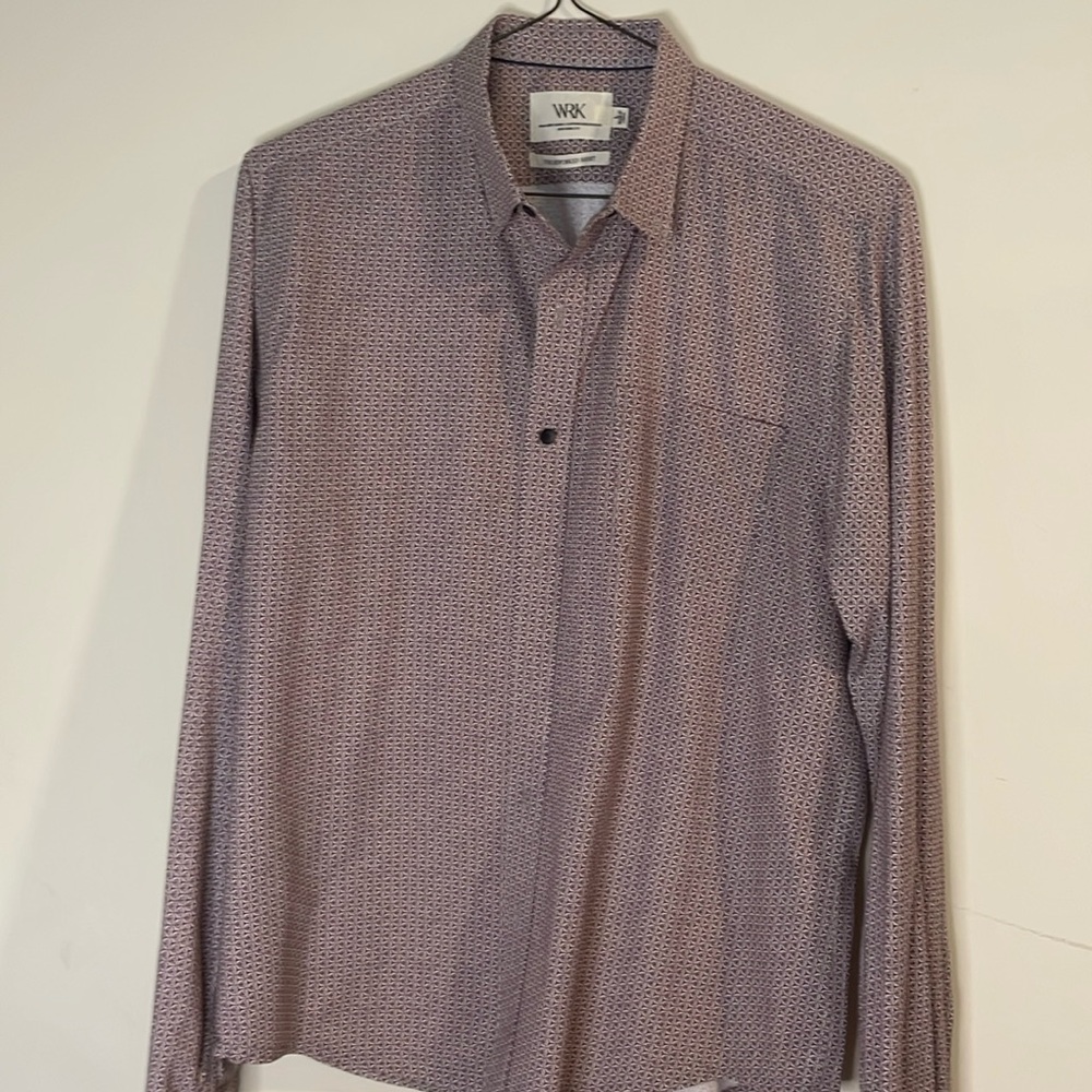 Work. Rest. Karma. Large Reworked button down long sleeved shirt. Burgundy